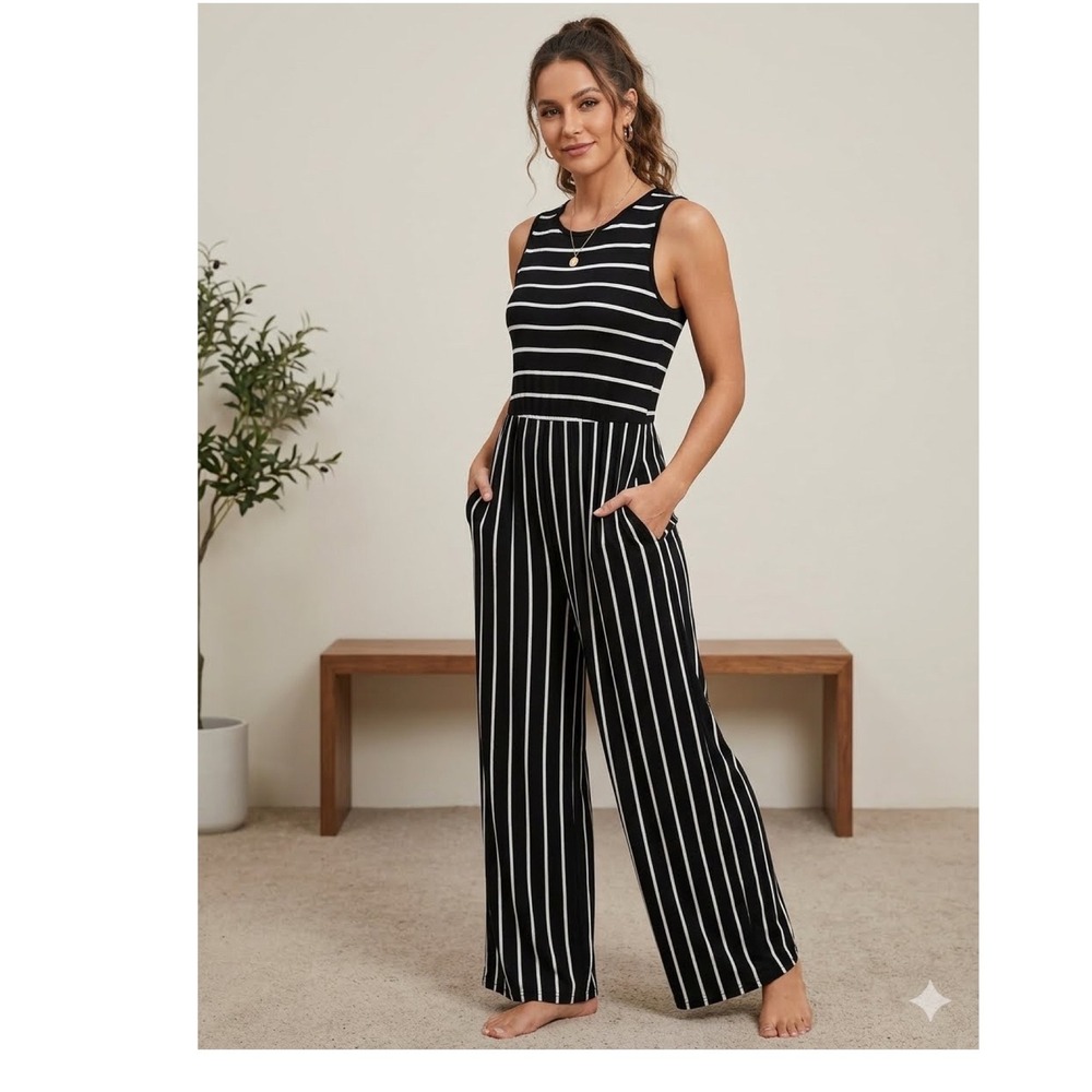 Hount Womens Black White Striped Wide Leg Sleeveless Jumpsuit Size L Pockets